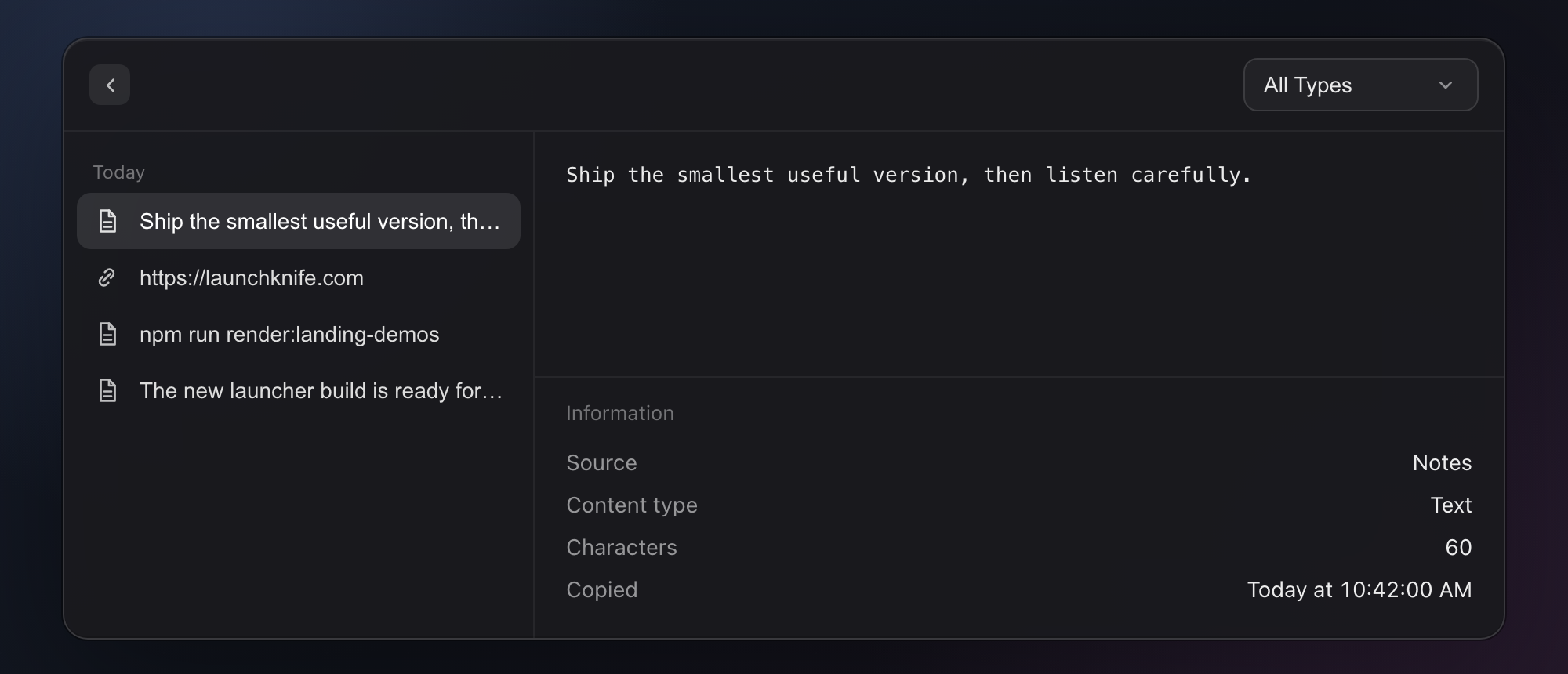 LaunchKnife clipboard history showing recent copied items and their source apps