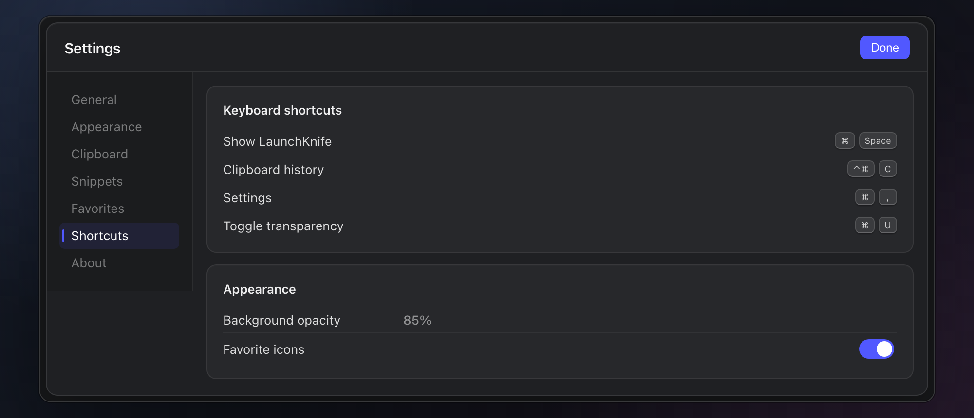LaunchKnife settings for keyboard shortcuts and appearance