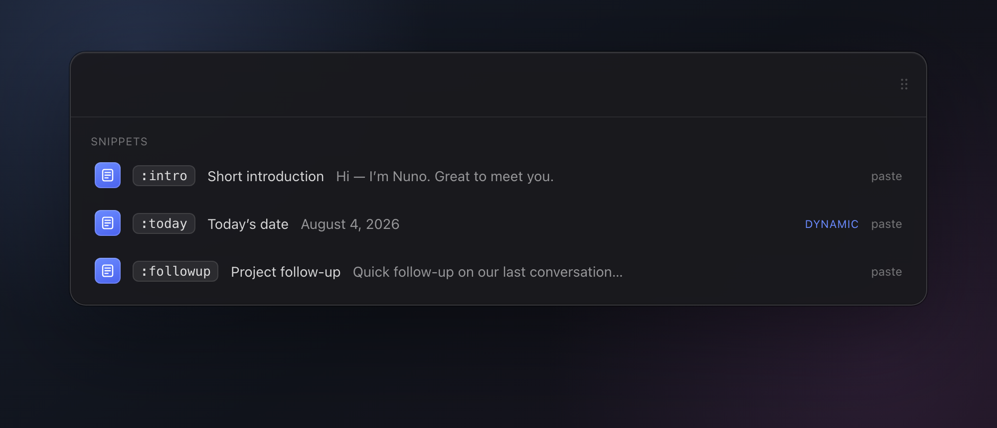 LaunchKnife showing reusable text snippets and a dynamic date snippet